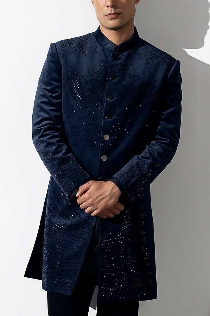 Navy Blue Velvet Stone Work Groom Indowestern Set by Line by Shamim Khan at Pernia's Pop Up Shop