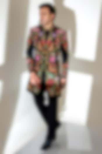 Black Velvet Thread Embroidered Groom Indowestern Set by Line by Shamim Khan at Pernia's Pop Up Shop