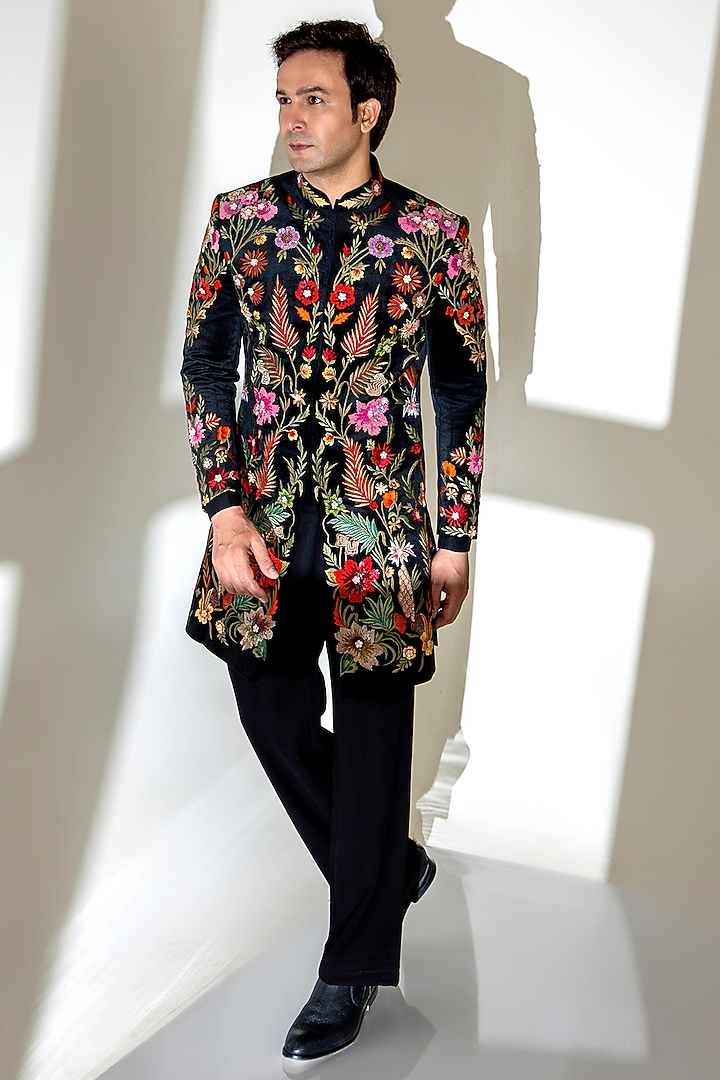 Black Velvet Thread Embroidered Groom Indowestern Set by Line by Shamim Khan at Pernia's Pop Up Shop