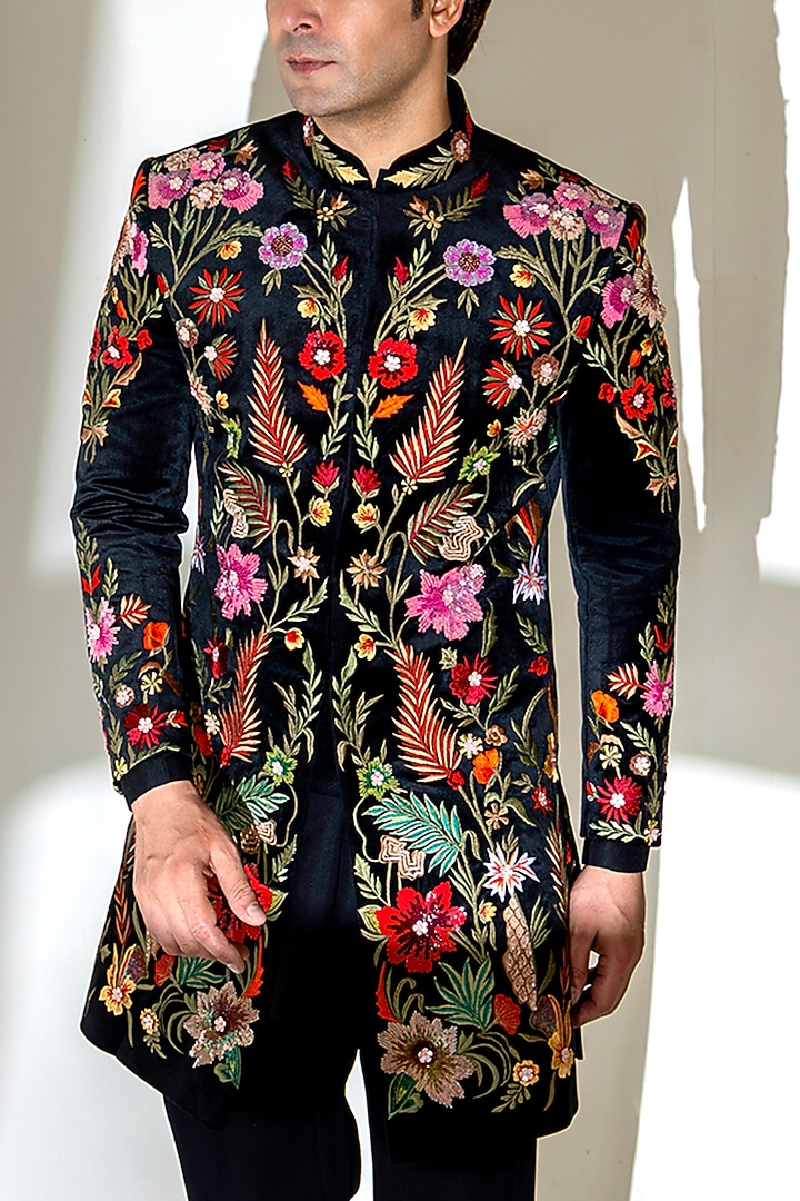Black Velvet Thread Embroidered Groom Indowestern Set by Line by Shamim Khan at Pernia's Pop Up Shop
