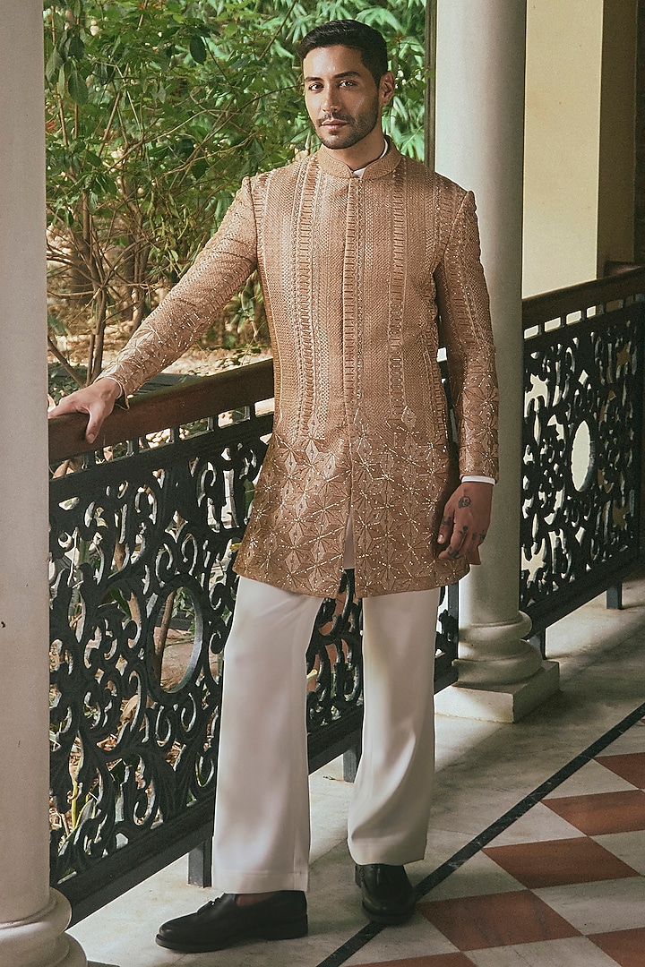 Golden Georgette Threadwork Groom Indowestern Set by Line by Shamim Khan at Pernia's Pop Up Shop