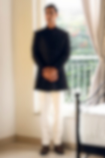 Black Velvet Glass Cutwork Wedding Indowestern Set by Line by Shamim Khan at Pernia's Pop Up Shop