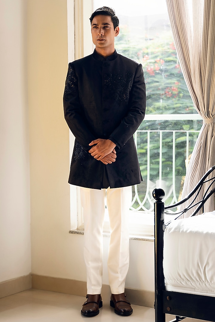 Black Velvet Glass Cutwork Wedding Indowestern Set by Line by Shamim Khan at Pernia's Pop Up Shop