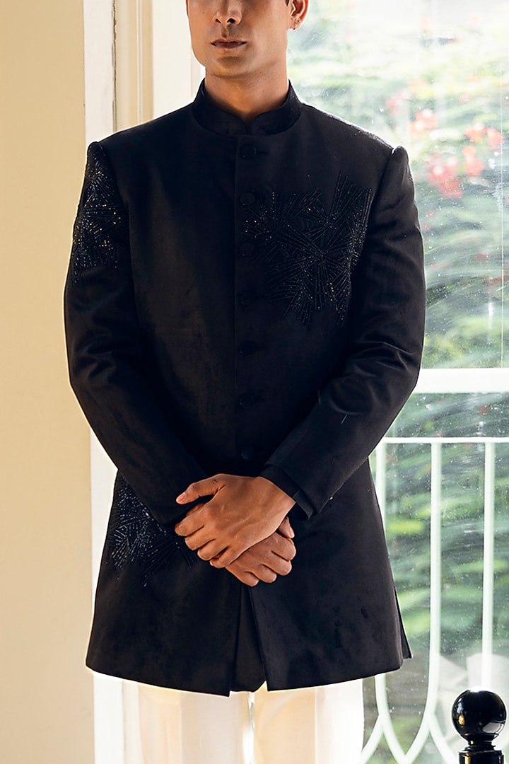 Black Velvet Glass Cutwork Groom Indowestern Set by Line by Shamim Khan at Pernia's Pop Up Shop