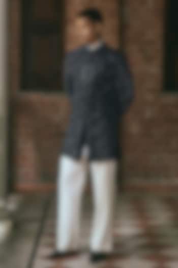 Dark Blue Velvet Glass Cutwork Groom Indowestern Set by Line by Shamim Khan at Pernia's Pop Up Shop