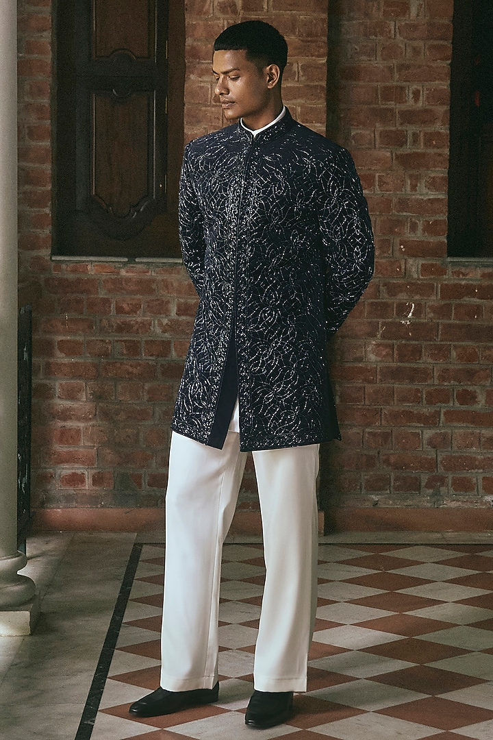 Dark Blue Velvet Glass Cutwork Groom Indowestern Set by Line by Shamim Khan at Pernia's Pop Up Shop