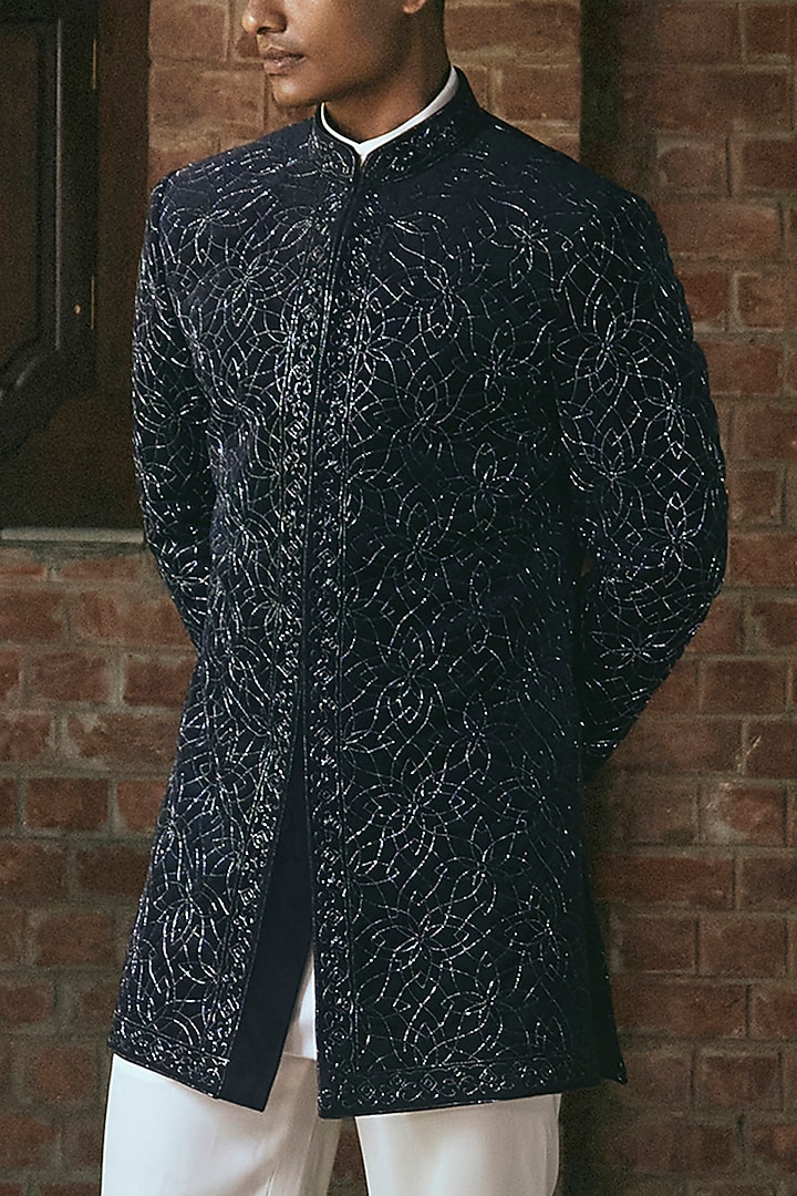 Dark Blue Velvet Glass Cutwork Groom Indowestern Set by Line by Shamim Khan at Pernia's Pop Up Shop