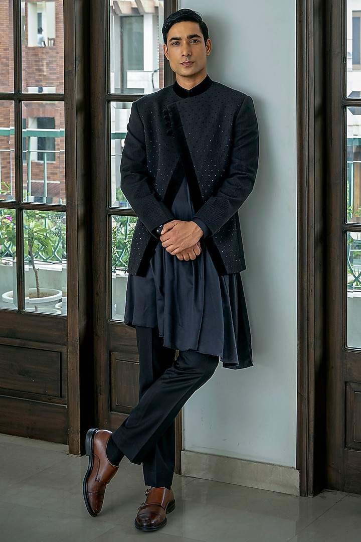 Black Silk Jacquard Glass Cutwork Wedding Indowestern Set by Line by Shamim Khan at Pernia's Pop Up Shop