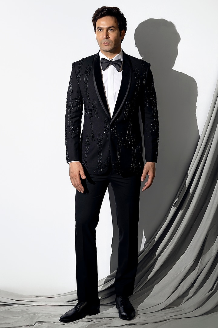 Black Wool Beadwork Tuxedo Set by Line by Shamim Khan at Pernia's Pop Up Shop