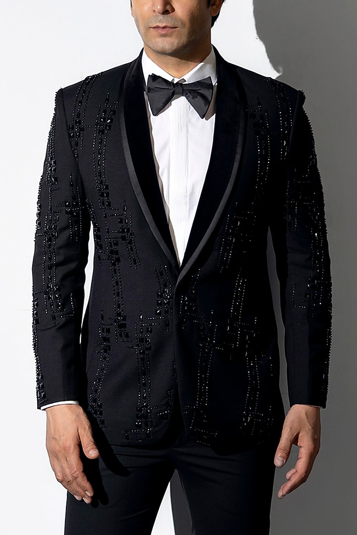 Black Wool Beadwork Tuxedo Set by Line by Shamim Khan at Pernia's Pop Up Shop