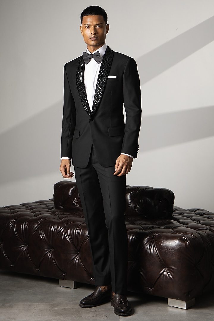 Black Wool Crystal Embroidered Tuxedo Set by Line by Shamim Khan at Pernia's Pop Up Shop