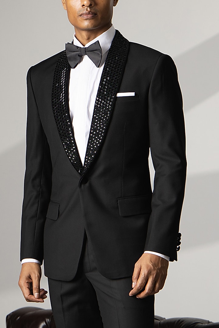 Black Wool Crystal Embroidered Tuxedo Set by Line by Shamim Khan at Pernia's Pop Up Shop