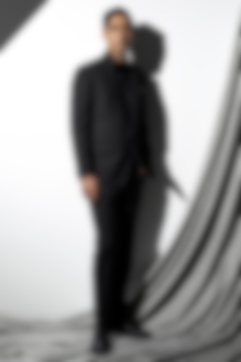 Black Wool Stonework Tuxedo Set by Line by Shamim Khan at Pernia's Pop Up Shop