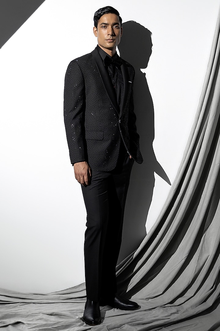 Black Wool Stonework Tuxedo Set by Line by Shamim Khan at Pernia's Pop Up Shop