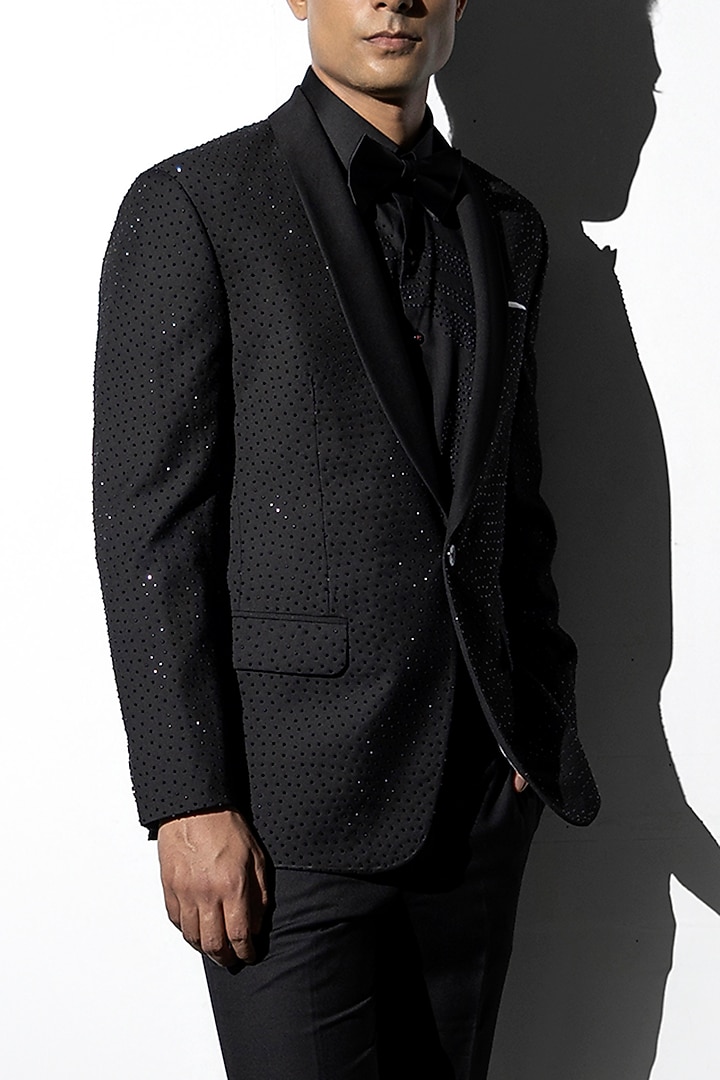 Black Wool Stonework Tuxedo Set by Line by Shamim Khan at Pernia's Pop Up Shop