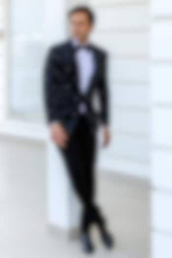 Black Wool Crystal Stone Embroidered Tuxedo Set by Line by Shamim Khan at Pernia's Pop Up Shop