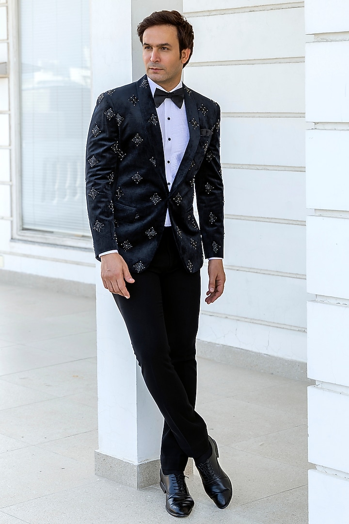 Black Wool Crystal Stone Embroidered Tuxedo Set by Line by Shamim Khan at Pernia's Pop Up Shop