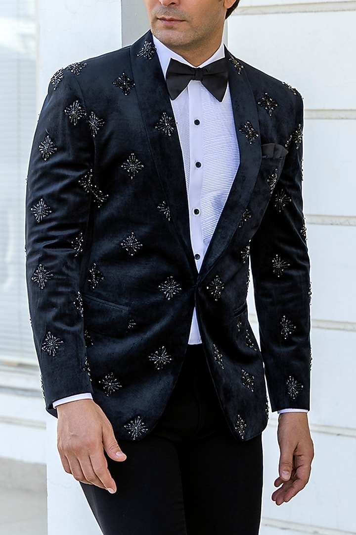 Black Wool Crystal Stone Embroidered Tuxedo Set by Line by Shamim Khan at Pernia's Pop Up Shop