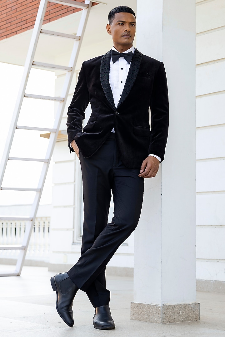 Black Wool Bead work Tuxedo Set by Line by Shamim Khan at Pernia's Pop Up Shop
