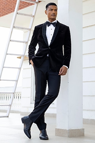 Black Wool Bead work Tuxedo Set by Line by Shamim Khan