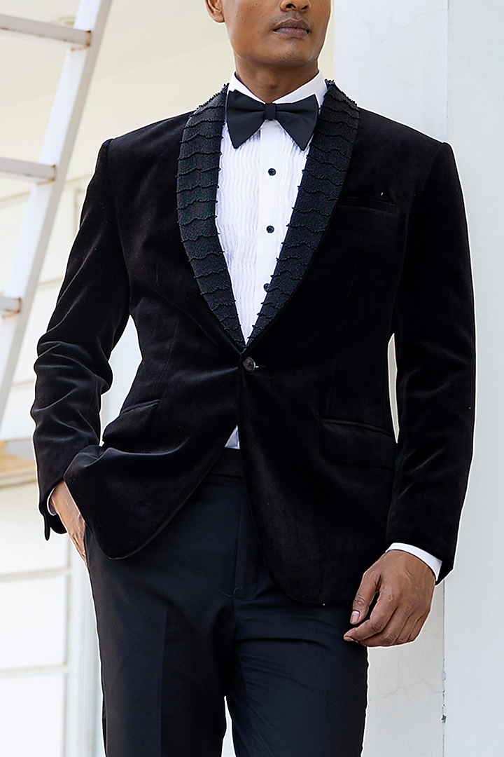 Black Wool Bead work Tuxedo Set by Line by Shamim Khan at Pernia's Pop Up Shop