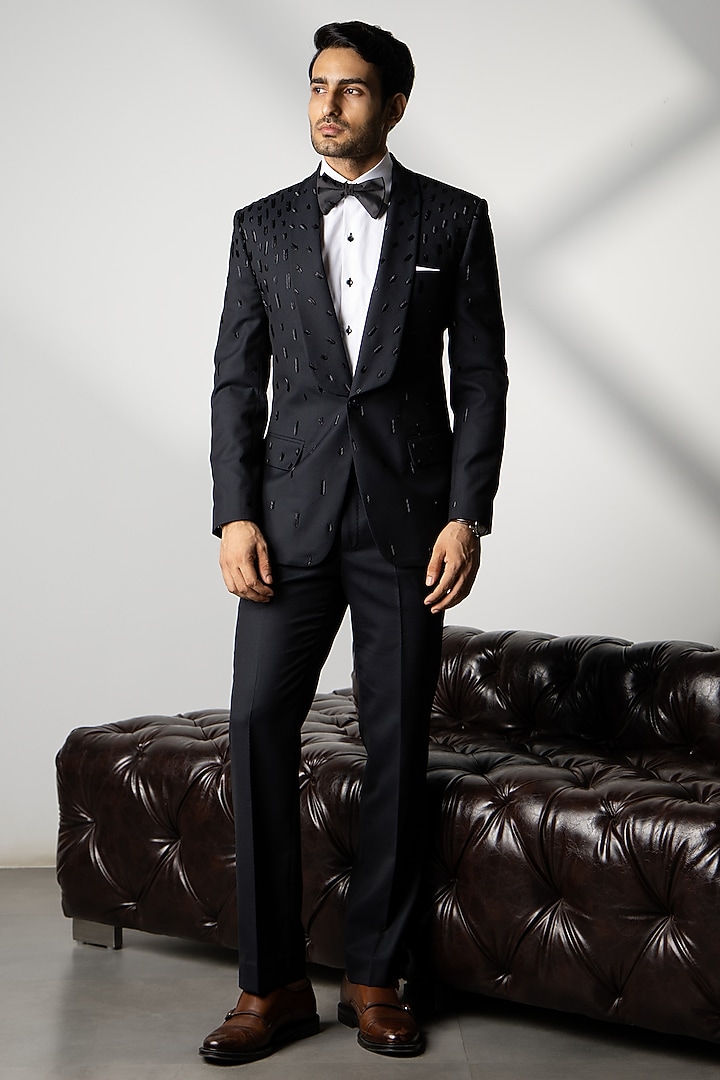 Black Wool Glass Cutwork Tuxedo Set by Line by Shamim Khan at Pernia's Pop Up Shop