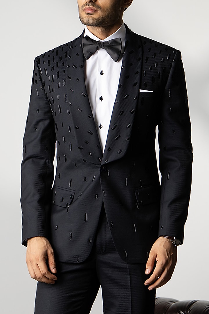 Black Wool Glass Cutwork Tuxedo Set by Line by Shamim Khan at Pernia's Pop Up Shop