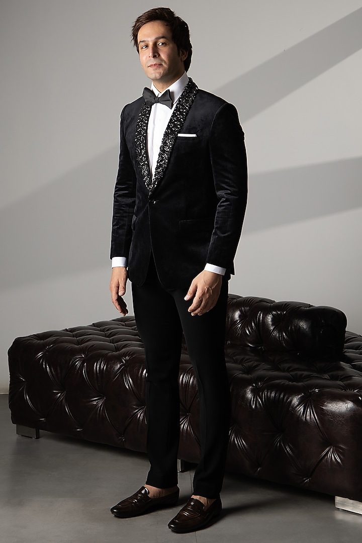 Black Wool Crystal Stone Embroidered Tuxedo Set by Line by Shamim Khan at Pernia's Pop Up Shop