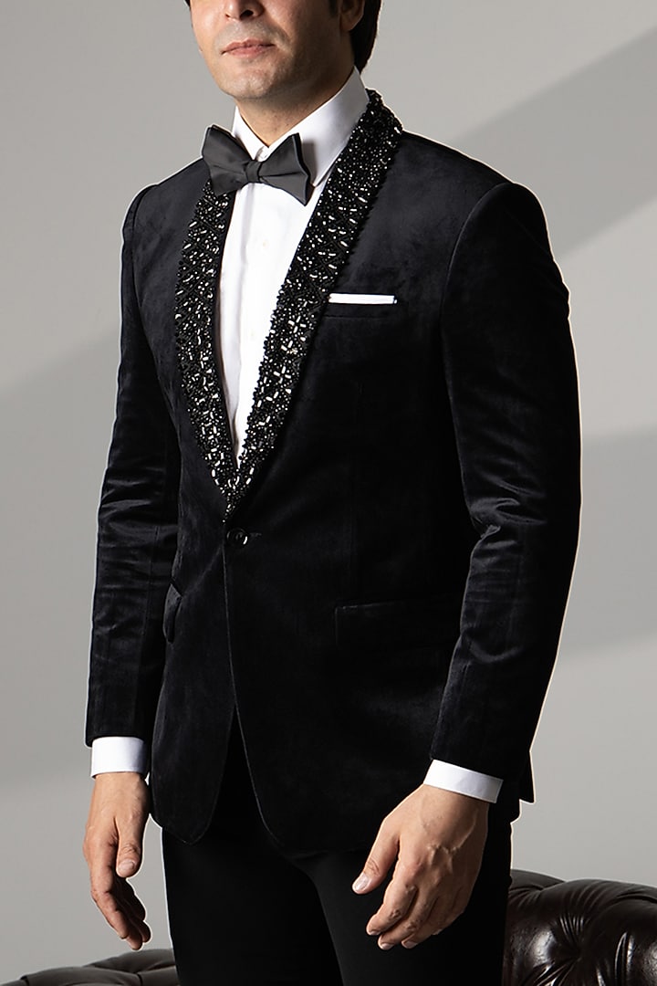 Black Wool Crystal Stone Embroidered Tuxedo Set by Line by Shamim Khan at Pernia's Pop Up Shop