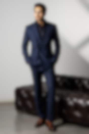 Navy Blue Wool Blazer Set by Line by Shamim Khan at Pernia's Pop Up Shop