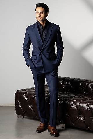 Navy Blue Wool Blazer Set by Line by Shamim Khan