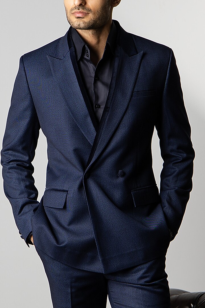 Navy Blue Wool Blazer Set by Line by Shamim Khan at Pernia's Pop Up Shop