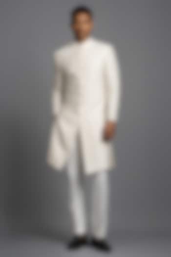 Ivory Raw Silk Thread Embroidered Groom Sherwani Set by Line by Shamim Khan at Pernia's Pop Up Shop