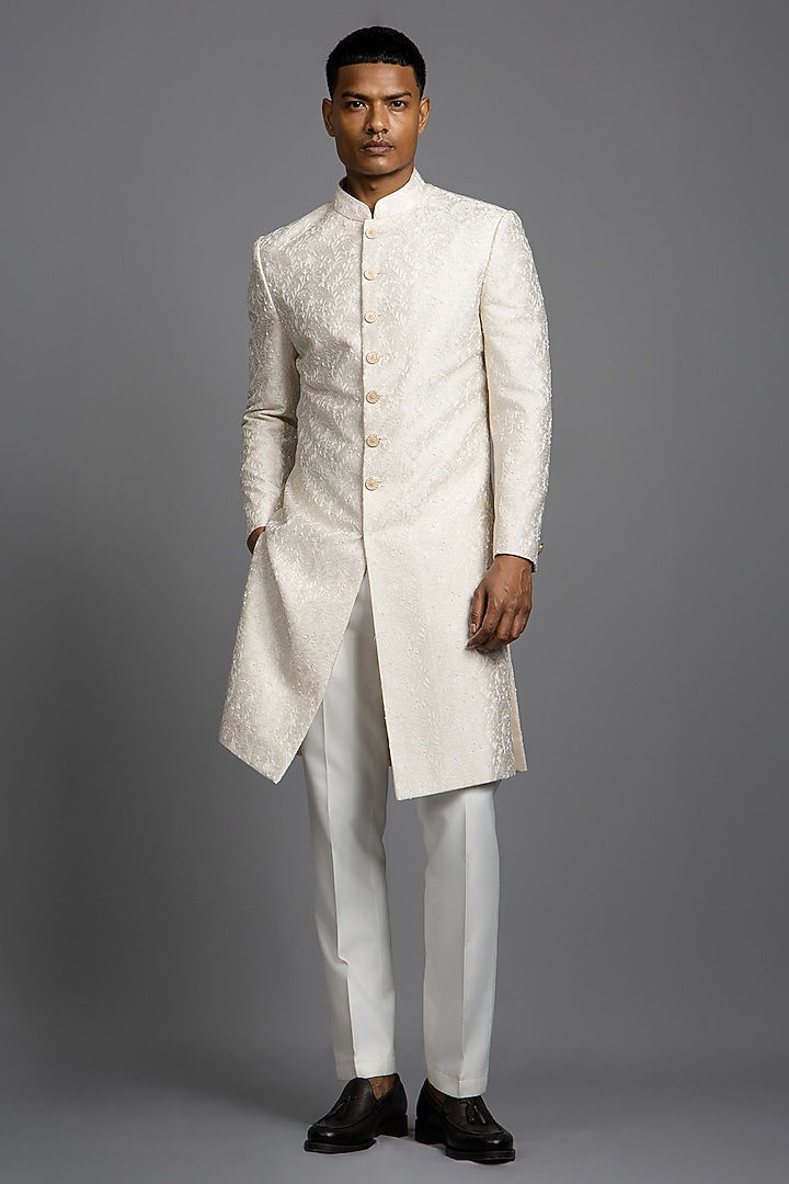 Ivory Raw Silk Thread Embroidered Groom Sherwani Set by Line by Shamim Khan at Pernia's Pop Up Shop