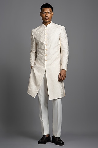 Ivory Raw Silk Thread Embroidered Sherwani Set by Line by Shamim Khan