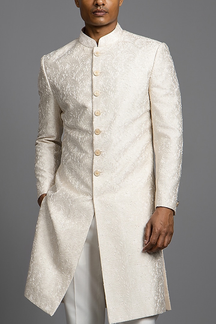 Ivory Raw Silk Thread Embroidered Groom Sherwani Set by Line by Shamim Khan at Pernia's Pop Up Shop