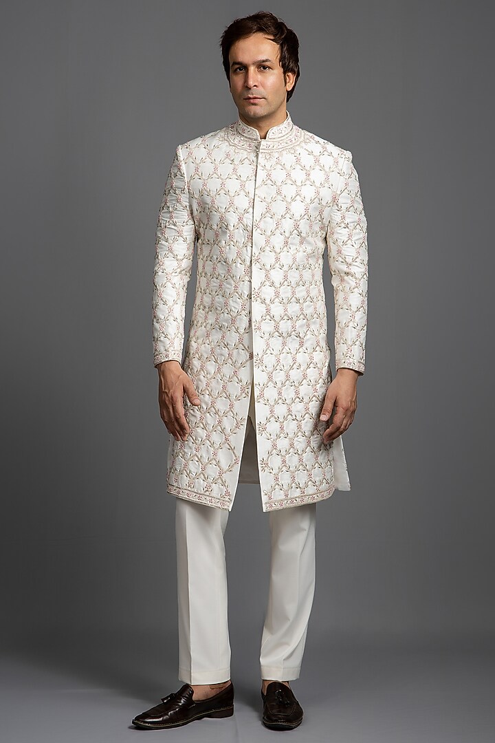 Ivory Raw Silk Thread Embroidered Groom Sherwani Set by Line by Shamim Khan at Pernia's Pop Up Shop