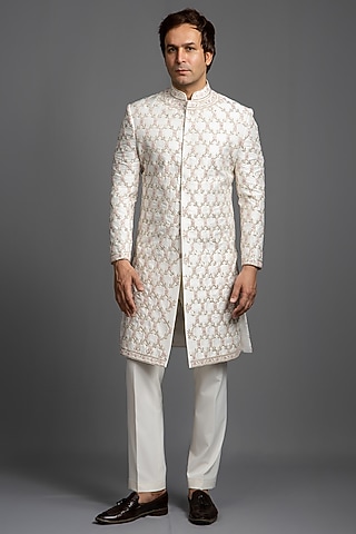 Ivory Raw Silk Thread Embroidered Sherwani Set by Line by Shamim Khan