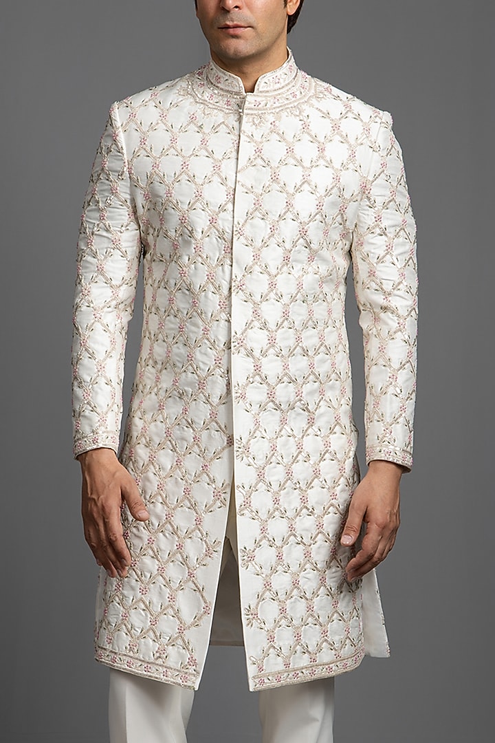 Ivory Raw Silk Thread Embroidered Groom Sherwani Set by Line by Shamim Khan at Pernia's Pop Up Shop