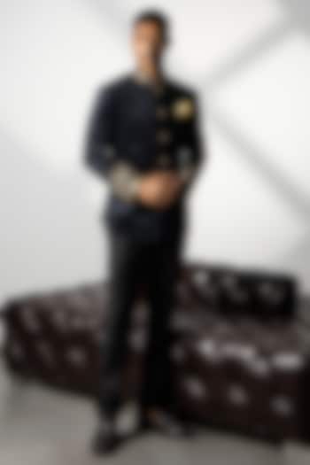 Black Velvet Zari Embroidered Wedding Bandhgala Set by Line by Shamim Khan at Pernia's Pop Up Shop