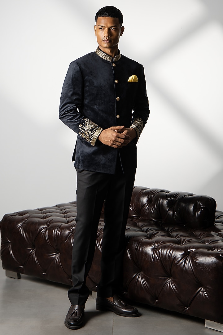 Black Velvet Zari Embroidered Wedding Bandhgala Set by Line by Shamim Khan at Pernia's Pop Up Shop