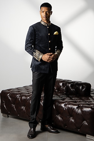 Black Velvet Zari Embroidered Bandhgala Set by Line by Shamim Khan