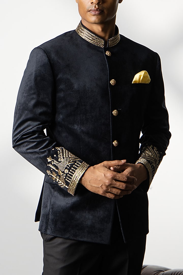 Black Velvet Zari Embroidered Groom Bandhgala Set by Line by Shamim Khan at Pernia's Pop Up Shop