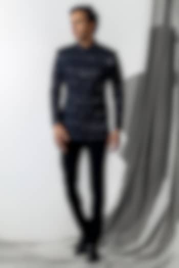 Dark Blue Dola Silk Embroidered Wedding Bandhgala Set by Line by Shamim Khan at Pernia's Pop Up Shop