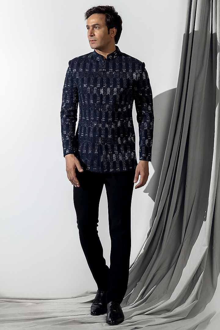 Dark Blue Dola Silk Embroidered Wedding Bandhgala Set by Line by Shamim Khan at Pernia's Pop Up Shop