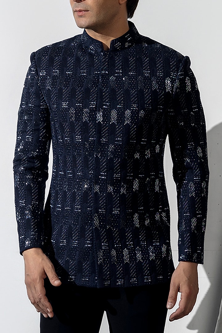 Dark Blue Dola Silk Embroidered Groom Bandhgala Set by Line by Shamim Khan at Pernia's Pop Up Shop