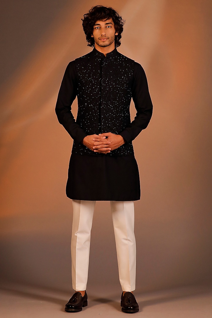 Navy Blue Georgette Embroidered Nehru Jacket Set by Line by Shamim Khan