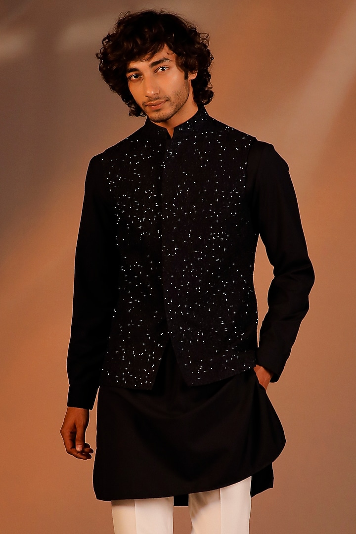 Navy Blue Georgette Embroidered Nehru Jacket Set by Line by Shamim Khan at Pernia's Pop Up Shop