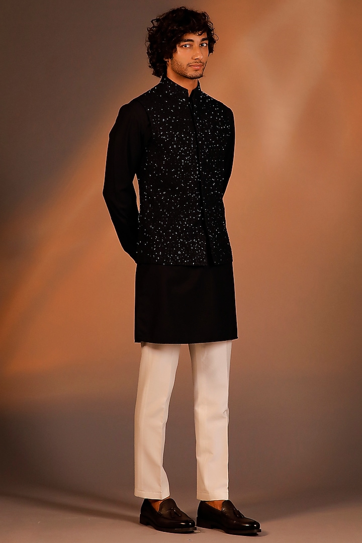Navy Blue Georgette Embroidered Nehru Jacket Set by Line by Shamim Khan at Pernia's Pop Up Shop