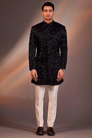 Navy Blue Georgette Embroidered Indowestern Set by Line by Shamim Khan